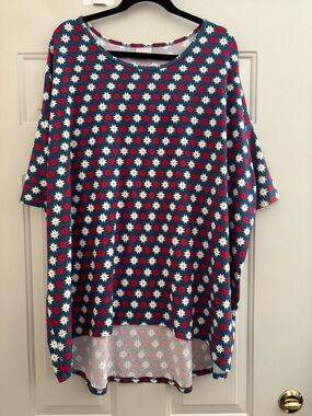 LuLaRoe Boxy Tunic in Blue with Red & White Star Motif